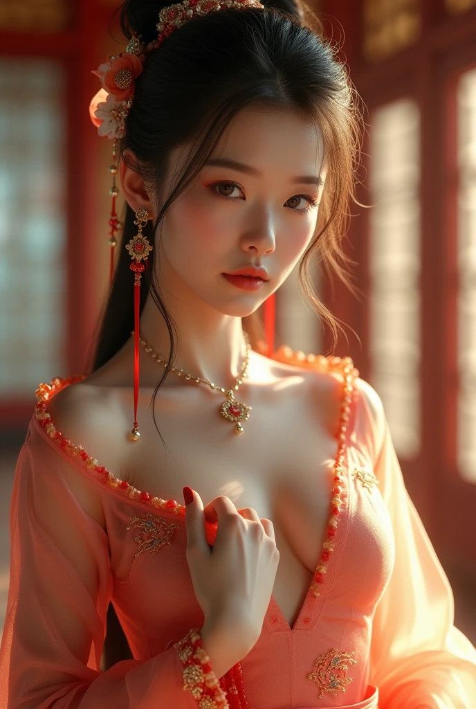 1girl,solo,lookinglookingaudience,(traditional chinese costumes:1.1),(white period costume:1.1),(transparent ribbon:1.2),(the ribbon covers the chest:1.3),cleavage,smallbreasts,upperbody,(milf:1.2),ultrarealistic8kcg,emeraldontheforehead,hairornament,necklace,earrings,bracelet,armlet,sitting,closeshot,(standing:1.3),(wholebody:1.3),movielighteffect,softlight,turningaround,beadbracelet,glovesremoved,resplendentpalacebackground,eyeball,all_fours,blush,shy,lookingaudience,