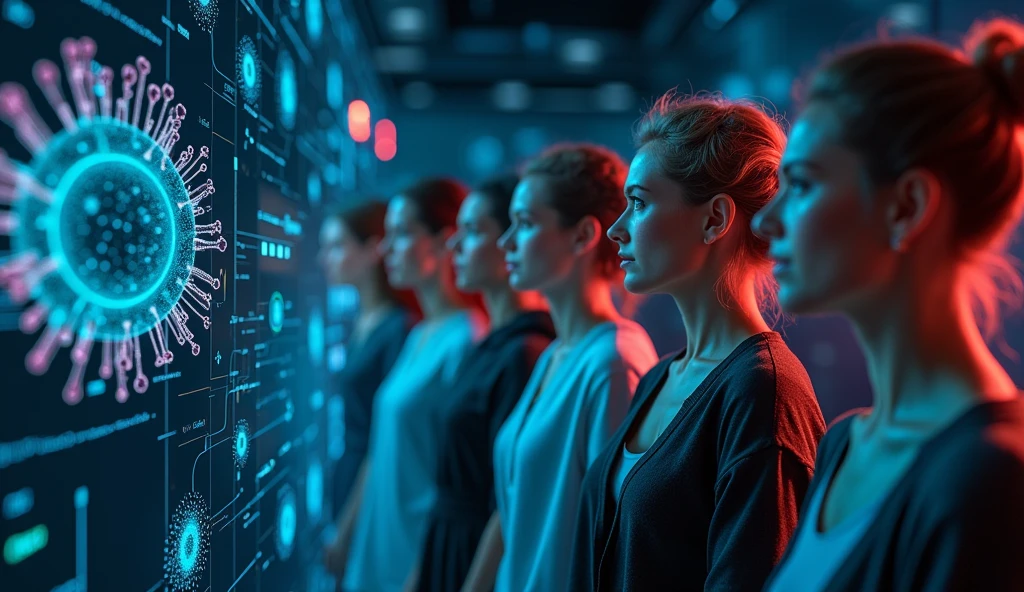 Image of a diverse group of people, symbolizing the importance of personalizing anti-allergy treatment, taking into account age, gender and pre-existing conditions.The images have a futuristic and technological vibe, with dark tones and neon light effects. They highlight detailed scientific elements, like 3D molecules and graphics, creating a sense of high technology and scientific precision. The style is sophisticated, ideal for academic or advanced research contexts.