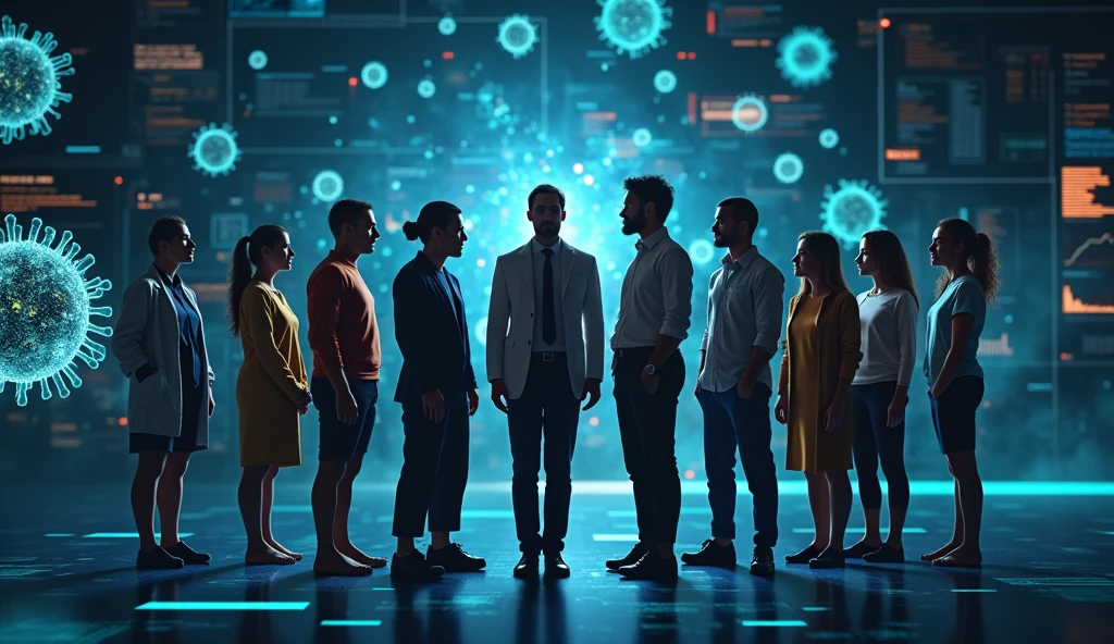 Image of a diverse group of people, symbolizing the importance of personalizing anti-allergy treatment, taking into account age, gender and pre-existing conditions.The images have a futuristic and technological vibe, with dark tones and neon light effects. They highlight detailed scientific elements, like 3D molecules and graphics, creating a sense of high technology and scientific precision. The style is sophisticated, ideal for academic or advanced research contexts.
