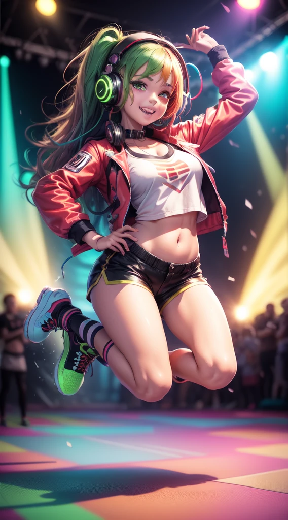 anime girl,club jacket and shorts, headphones,DJ turntable set,club lighting,stage,confetti,dancing,smiling,(best quality:1.2),(ultra-detailed:1.2),(realistic:1.37),HDR,vivid colors,portraits,shorts,headphone girl,energetic pose,colorful lights,stage set,confetti raining,joyful expression,dance floor ,anime style, atmosphere,techno music,electronic dance music,festival vibes,hip hop beats,festival outfit,energetic dance moves,expressive eyes,long hairstyle with vibrant green and red color hair, gold eyes, elaborate makeup neon lights,beaming smile,positive vibes,high-energy performance,stylized backgrounds,colorful visuals,excitement in the air, full body portrait, kneeling, back turned