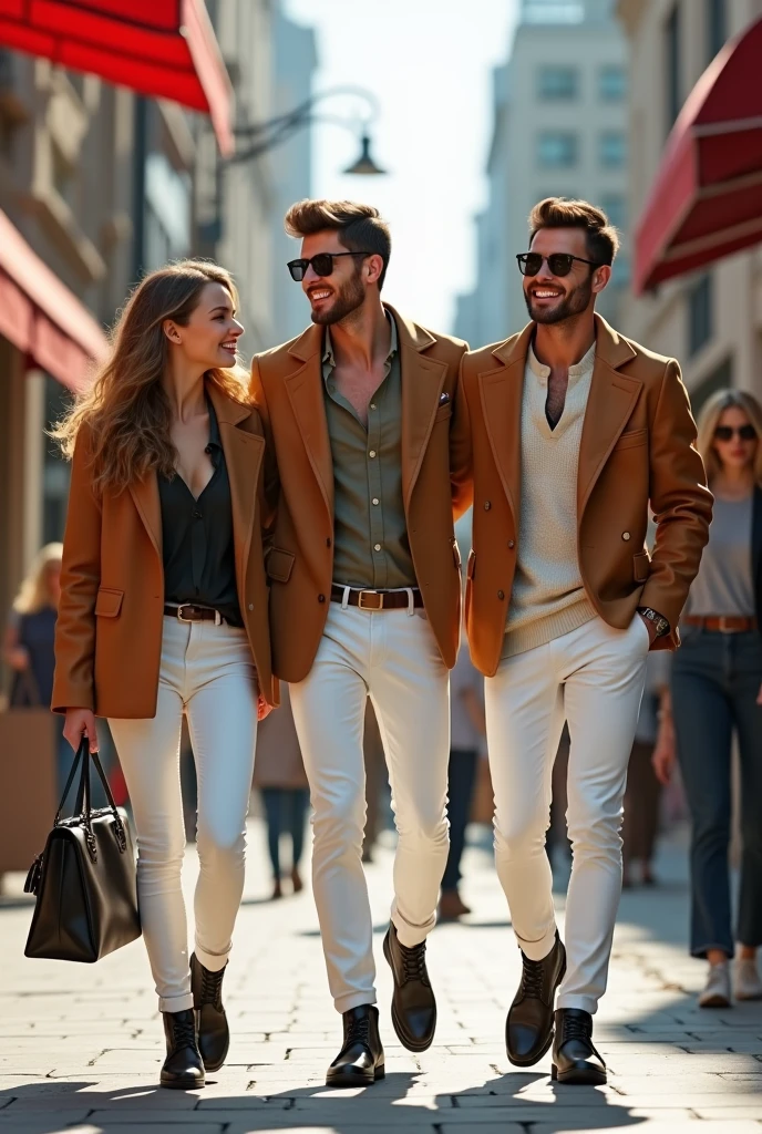 Boys in their 20s wear white pants and black boots, looking handsome and shopping with girls