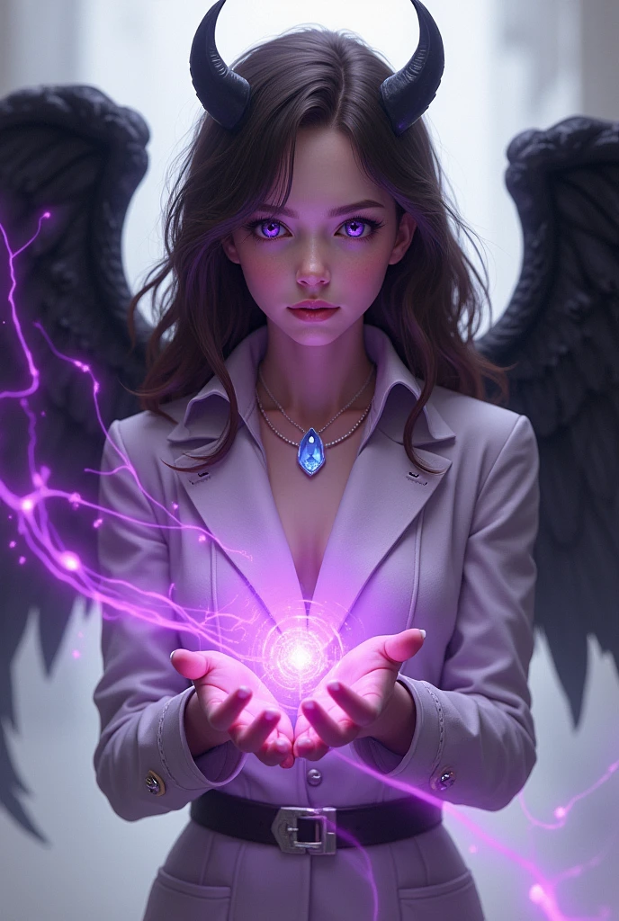 Teenager with long, semi-wavy dark brown hair, thin and almond skin, purple and blue eyes, purple magic through her hands, in agent suit/superhero and neutral colors with certain lilac tones, with black angel wings, small black horns, with a light and small stone as a necklace in light blue with purple