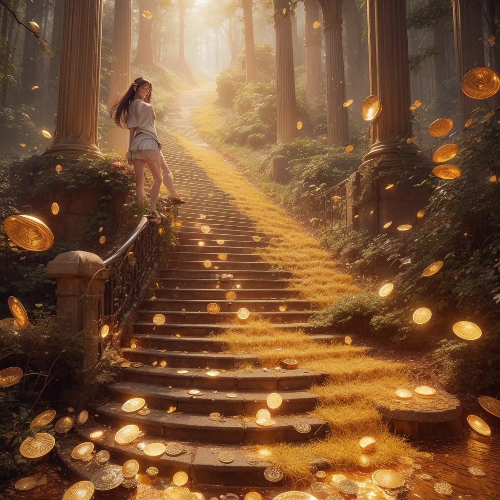 8k, masterpiece, RAW Photos, Highest quality, Realistic, extremely detailed CG unity 8k wallpaper, Depth of written boundary, Cinematic Light, Lens flare, Ray Tracing, (Very beautiful face, Beautiful Lips, Beautiful Eyes), Exquisitely detailed face, ((Highly detailed skin)) One girl, In the Dark, Deep Shadow, Cute Asian Girl, 1 girl, (Very slim slender fit-muscled body:1.3), ((View your viewers)),(Big smile:1.3), (Short skirt ), (white mini skirt ), (mini skirt ), pantyhose, Clear Eyes, walk , Front shot, (Pale skin), (Big eyes), Look forward, ((Big shirt)), (Brown Hair), (View your viewers:1.3) Very slim, Medium chest, (Camel Toe), Thick thighs, Lace Stockings, sunny, landscape, Cheerleading Clothes、Surrounded by shining gold bars
