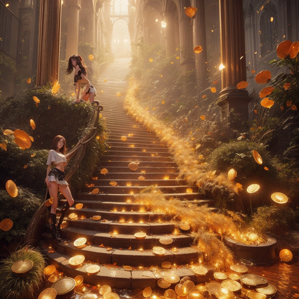 8k, masterpiece, RAW Photos, Highest quality, Realistic, extremely detailed CG unity 8k wallpaper, Depth of written boundary, Cinematic Light, Lens flare, Ray Tracing, (Very beautiful face, Beautiful Lips, Beautiful Eyes), Exquisitely detailed face, ((Highly detailed skin)) One girl, In the Dark, Deep Shadow, Cute Asian Girl, 1 girl, (Very slim slender fit-muscled body:1.3), ((View your viewers)),(Big smile:1.3), (Short skirt ), (white mini skirt ), (mini skirt ), pantyhose, Clear Eyes, walk , Front shot, (Pale skin), (Big eyes), Look forward, ((Big shirt)), (Brown Hair), (View your viewers:1.3) Very slim, Medium chest, (Camel Toe), Thick thighs, Lace Stockings, sunny, landscape, Cheerleading Clothes、Surrounded by shining gold bars