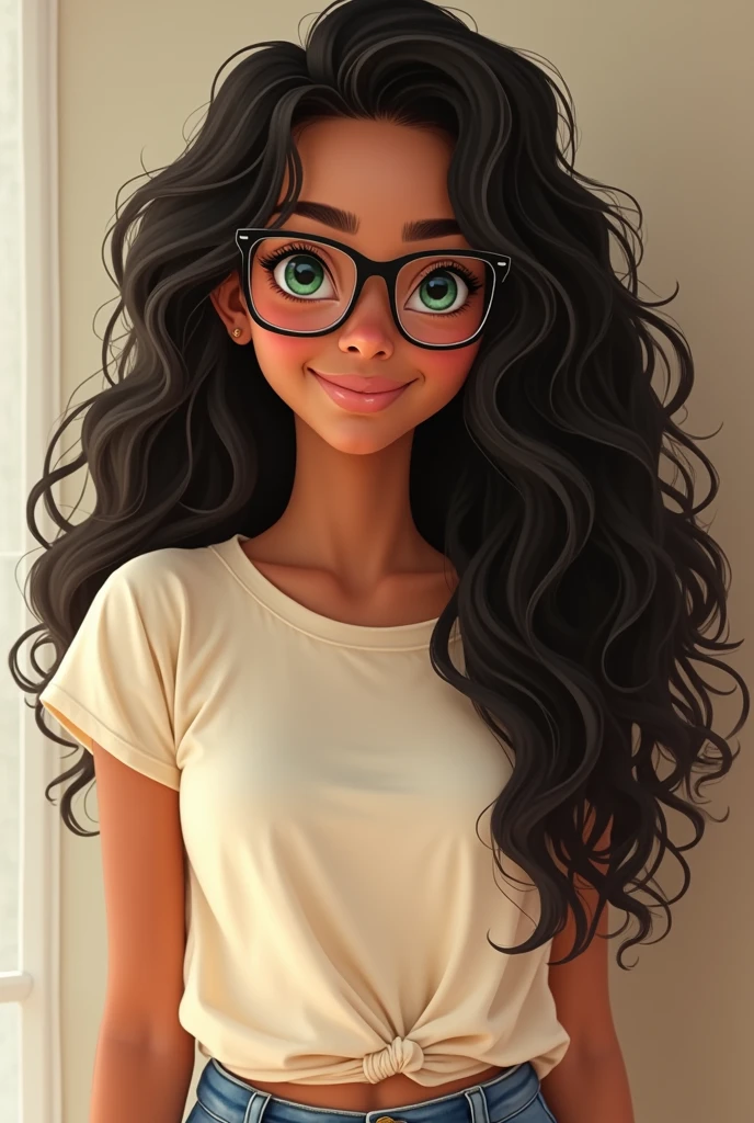 A girl with curly long black hair
A bronze skin
A cute smile
And glasses
Green eyes
And shes wearing a short and a oversized tshirt
