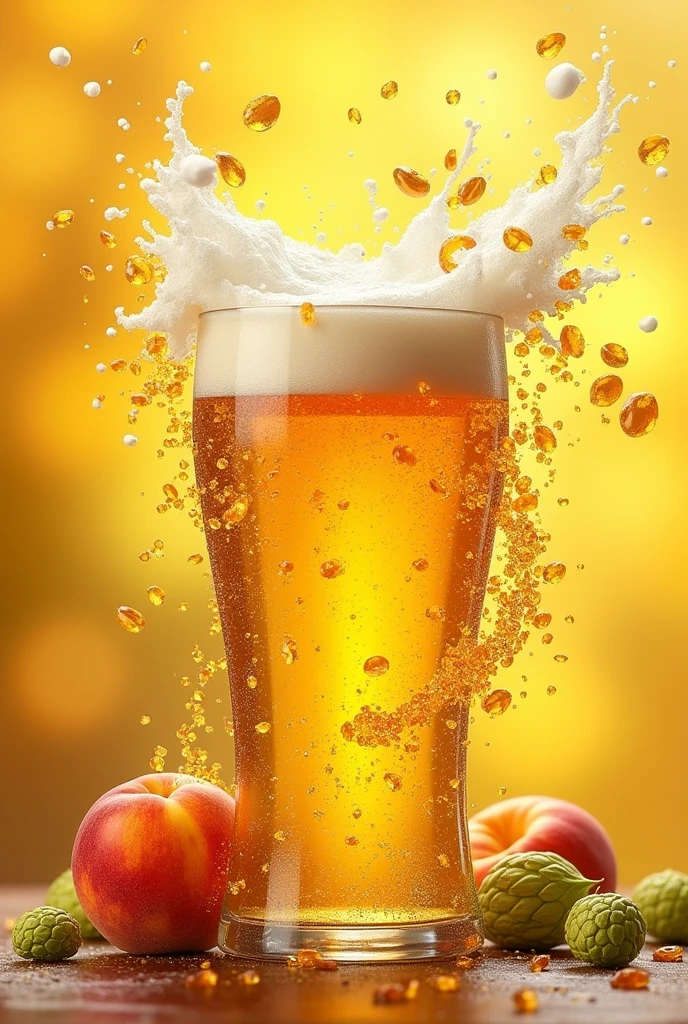 Fashion flyer, pint of light beer. blurred yellow background, foam overflowing, explosion of elements coming out of the glass ((hops, peaches, honey, hoppy golden text)), painting, fine texture, oil art combined with graffiti, oil, graffi