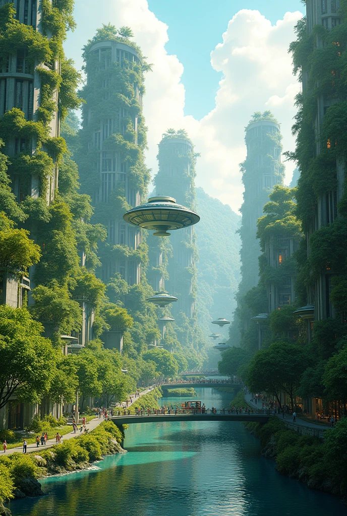 Eco-Utopian Future: A green and vibrant planet where cities blend seamlessly with nature, featuring buildings covered in vegetation and vehicles that silently float above tree-lined streets. Society lives in harmony with the environment, utilizing clean and sustainable energy. Citizens enjoy a peaceful life, with parks and hanging gardens that stretch for miles, and crystal-clear rivers flowing freely between the metropolises.