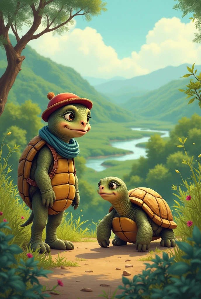 cartoon, Old female turtle returns from Paris to meet her turtle husband in Peru