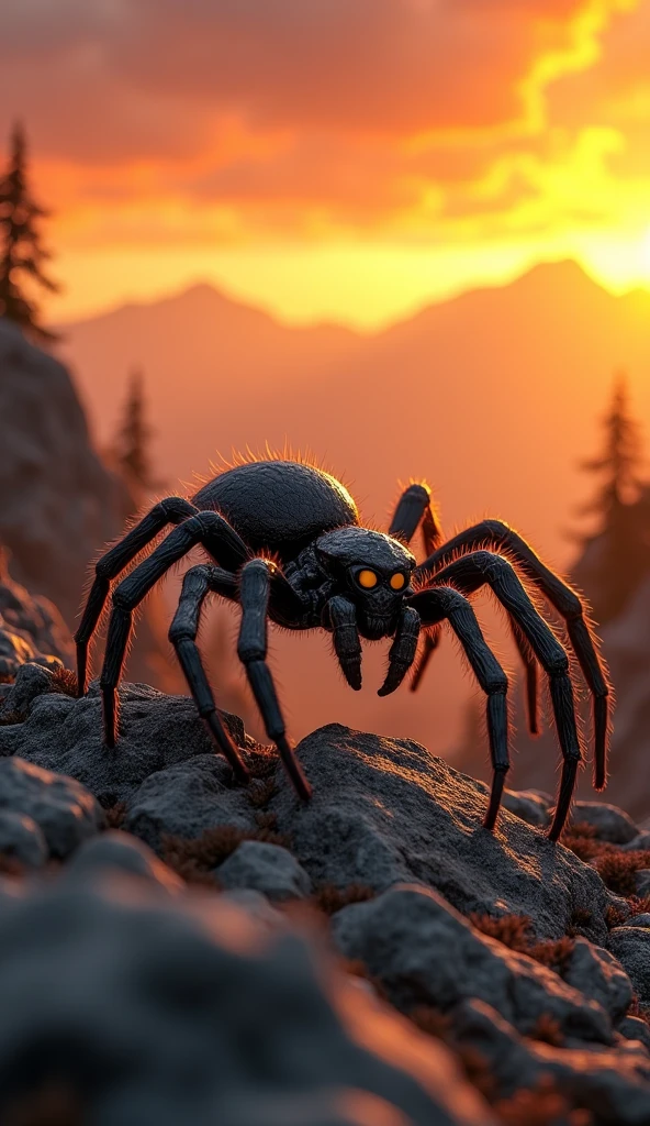 This is a digital image of a spider walking on rocky ground. The snake is facing the right side of the picture, and its eyes are yellow. The background is a dark orange sky from sunset. The land is covered with rocks and boulders and there are some trees and mountains in the distance. The general feeling of the image is fierce and powerful.