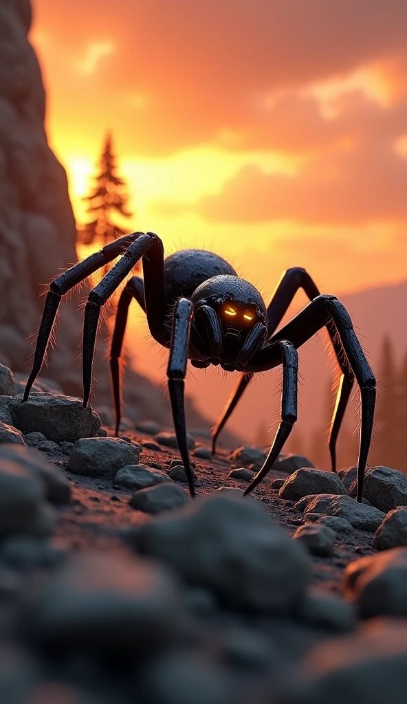 This is a digital image of a spider walking on rocky ground. The snake is facing the right side of the picture, and its eyes are yellow. The background is a dark orange sky from sunset. The land is covered with rocks and boulders and there are some trees and mountains in the distance. The general feeling of the image is fierce and powerful.