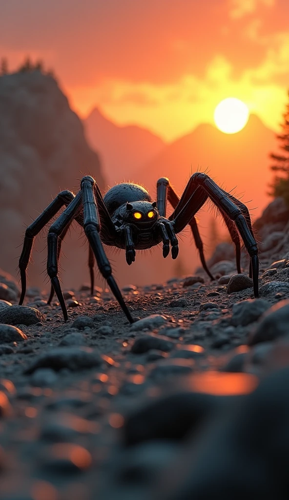 This is a digital image of a spider walking on rocky ground.   The snake is facing the right side of the picture, and its eyes are yellow.   The background is a dark orange sky from sunset.   The land is covered with rocks and boulders and there are some trees and mountains in the distance.   The general feeling of the image is fierce and powerful.