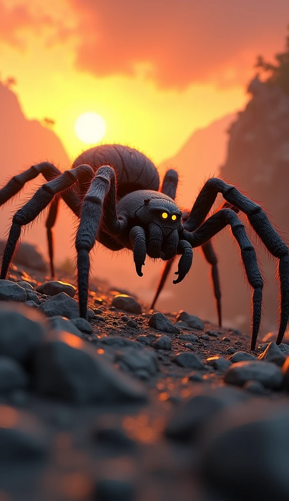 This is a digital image of a spider walking on rocky ground.   The snake is facing the right side of the picture, and its eyes are yellow.   The background is a dark orange sky from sunset.   The land is covered with rocks and boulders and there are some trees and mountains in the distance.   The general feeling of the image is fierce and powerful.