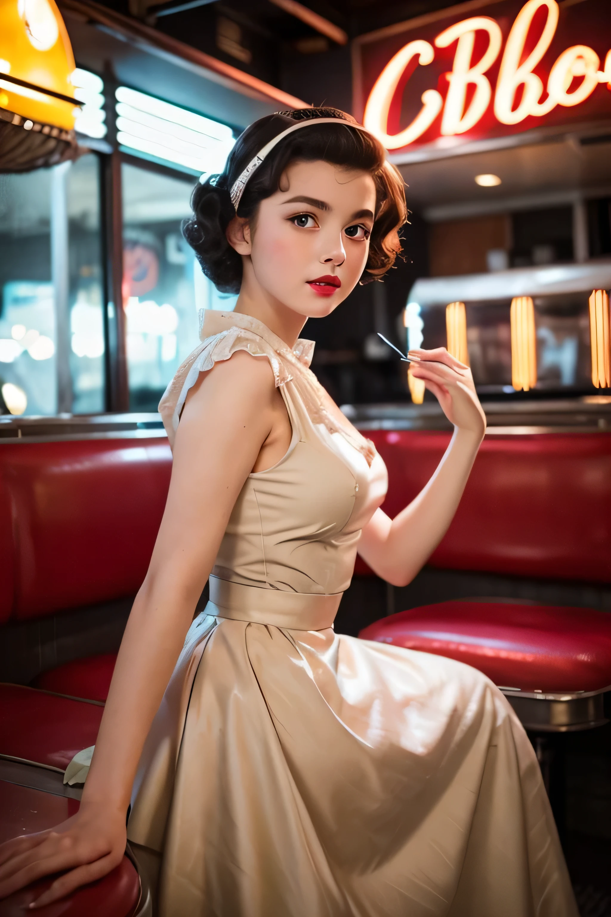 Girl in a 1950s dress, Comes with full skirt and petticoat, Her hair is styled in classic pin curls.. She should sit in an old-fashioned diner., Surrounded by vintage details like a jukebox, Chrome accents, Neon Signs. Her eyes should be sparkling with excitement., Her skin is soft、, Dramatic lighting. This scene should be shot on 35mm film., Beautiful depth of field and slight blur, Nostalgic background,, movie,