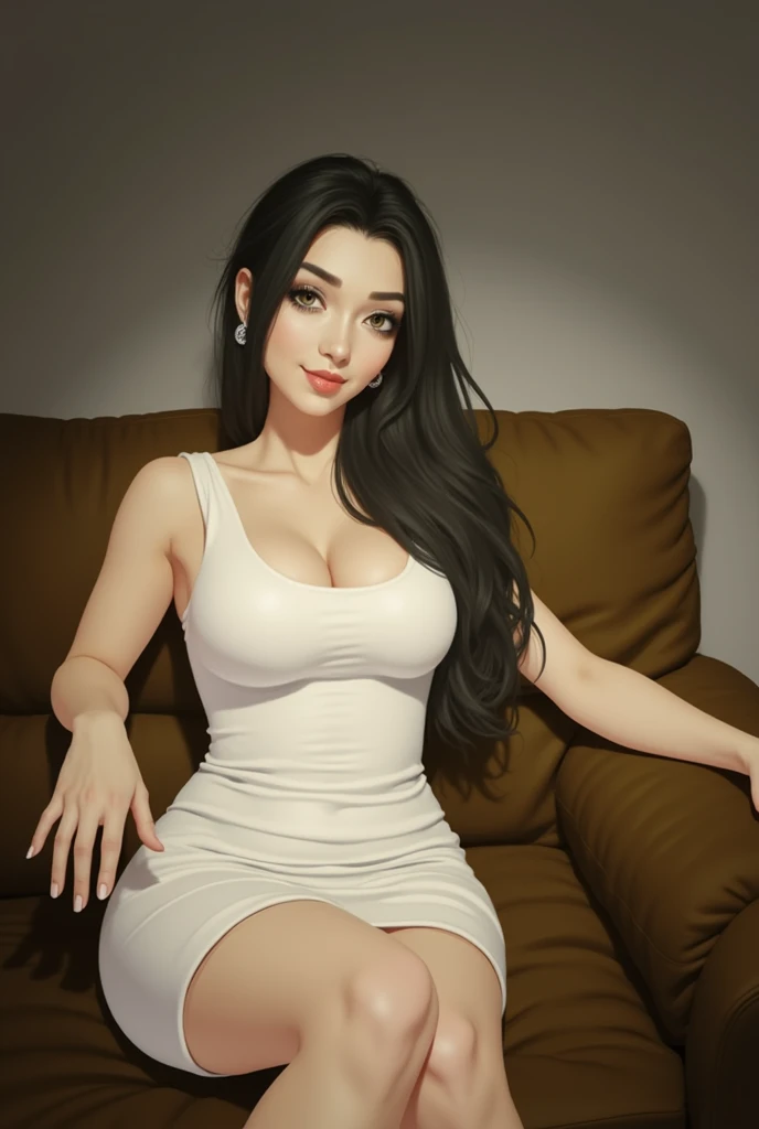 2 girl, sitting on a sofa, wearing a tight white dress, she's smiling, Her hair is long black, Her breasts are big, Her nipples are marked