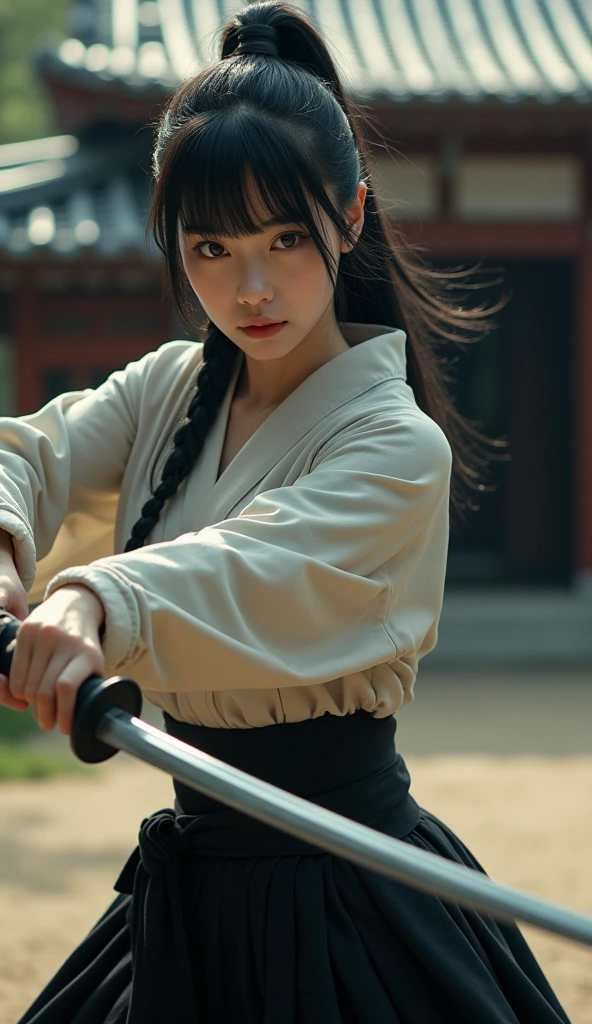 ((Perfect Anatomy:1.2,Realistic:1.4,RAW Photos:1.4,masterpiece、Highest quality、Ultra - High resolution、High resolution、Extremely detailed CG、8k))),Cowboy Shot,1 female,alone、1 Beauty,Japanese,((Beautiful and exquisite face and eyes:1.3,Gorgeous eyes:1.3,Grey Eyes)),Black Hair,Long Hair,Straight hair,ponytail,Blunt bangs,blush,(Medium chest,Slender body,Small Head:1.2,skinny),(Glowing Skin:1.4,Oily skin:1.5,Glowing Skin)、((holding a Japanese sword in one hand、A detailed depiction of a Japanese sword)),Slashing action pose:1.5、Kendo uniform、kimono、Black Hakama、shrine、domestic、Outdoor、
