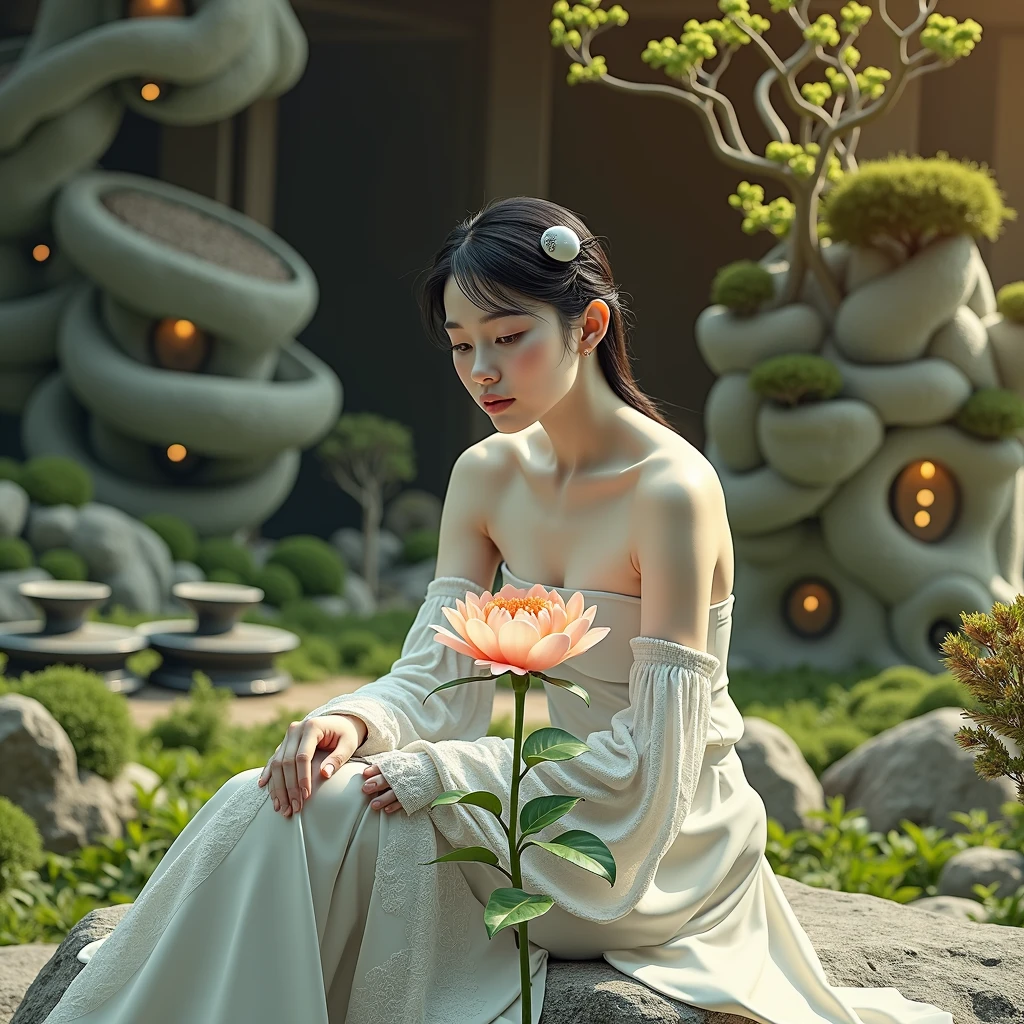 hyperrealistic photography, 8K quality, of a beautiful white-skinned woman, dark hair, shoulder length hair, very airy synthetic fiber clothing, a modern surreal world, sitting on a rock in a ZEN garden and contemplating a flower, looking in front of the viewer, She is wearing technological accessories on her head and arms., On one side of the flower there is a hologram of a man with a gesture of explaining something about the flower she is looking at., It is surrounded by a world full of vegetation and in the distance you can see a city made of structures of houses and futuristic buildings made from plants., trees and flowers that have grown in that shape.