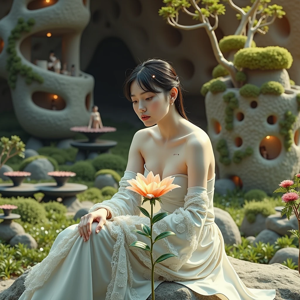 hyperrealistic photography, 8K quality, of a beautiful white-skinned woman, dark hair, shoulder length hair, very airy synthetic fiber clothing, a modern surreal world, sitting on a rock in a ZEN garden and contemplating a flower, looking in front of the viewer, She is wearing technological accessories on her head and arms., On one side of the flower there is a hologram of a man with a gesture of explaining something about the flower she is looking at., It is surrounded by a world full of vegetation and in the distance you can see a city made of structures of houses and futuristic buildings made from plants., trees and flowers that have grown in that shape.