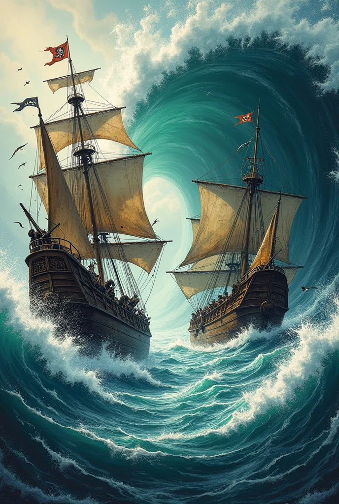 Screen print of two pirate ships facing each other inside a whirlpool at sea
