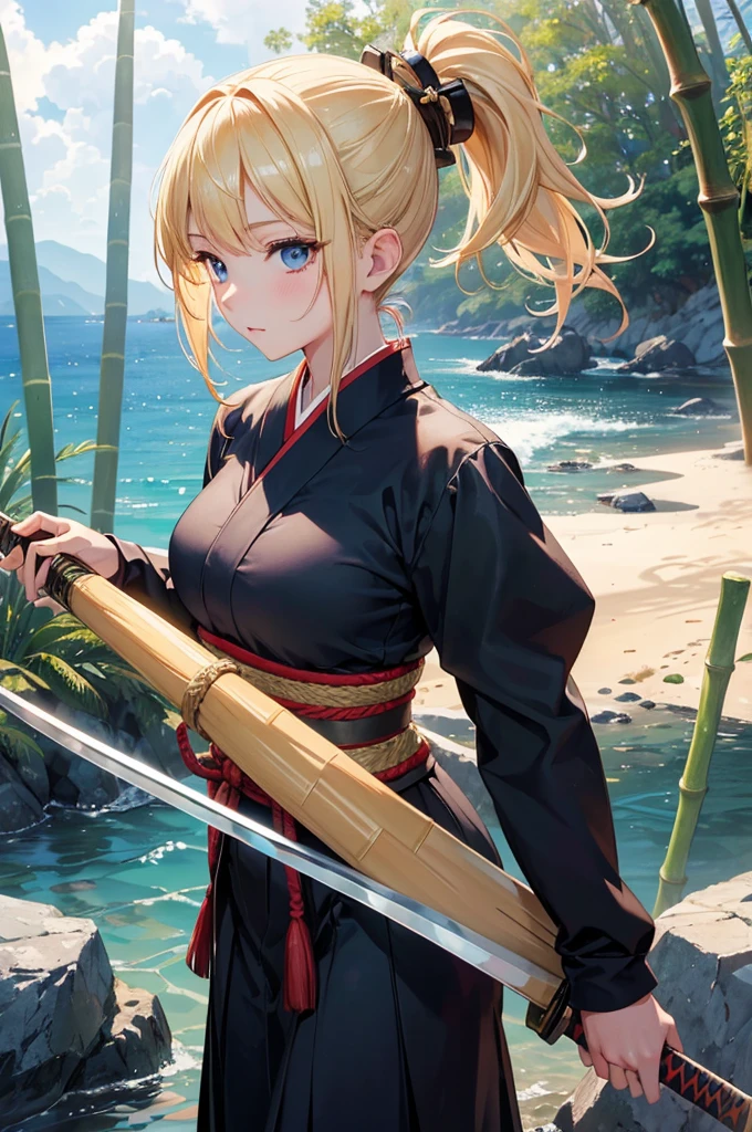 (16K,Ultra-high resolution,Highest quality,masterpiece,Super detailed,Attention to detail,Very vivid CG),Photographed from the front,((A blonde high school girl with a ponytail holding a bamboo sword)),Black-eyed Japanese:1.3,Japanese style kendo uniform,Anatomically correct body:1.3,Highly detailed facial features, Beautiful and perfect face, Perfect Eyes:1.3,Best Anime,The best CG,Very beautiful island and sea,Sky reflected in the sea,Detailed background,Shooting close to the face,Tree Eyes,Cool expression
