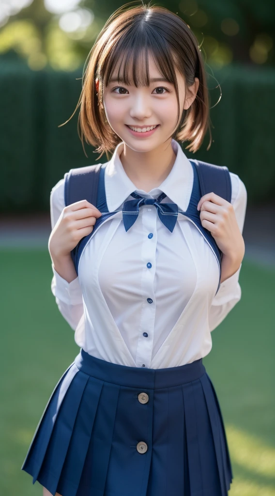 Enhanced dynamic perspective，Cute cute beautiful girl，JK school uniform，Look at me and smile，simple backgound，Works of masters，high quarity，4K resolution，super-fine，Detailed pubic hair，precise，Cinematic lighting，Leaves the original facial proportions、(large full breasts)、((buttonGap))、whole body、Thighs