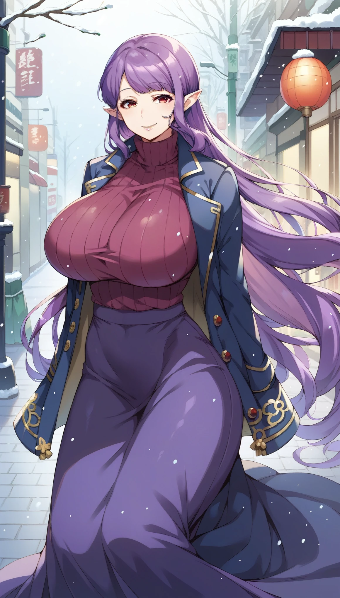 masterpiece, score_9, score_8_up, score_7_up, source_anime, best quality, extremely detailed, 1girl, milf, solo, seiten, (huge breasts:1.2), ((((purple hair), very long hair, red eyes, pointy ears))), purple lips, (((blue coat, turtleneck sweater, long sleeves, long skirt))), ((naughty smile), closed mouth), ((tokyo street, winter, snowing))