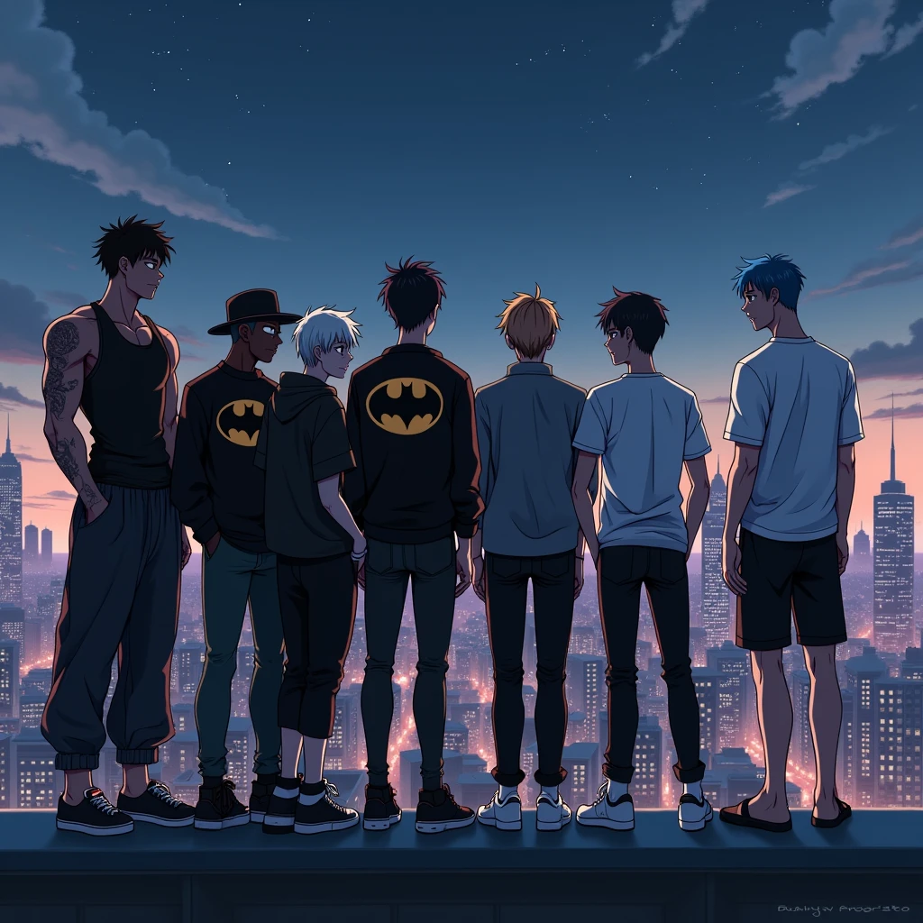 Create an image of 8 anime style friends, in the background there is a city and it is night in the city, New York style, and they are side by side on top of a building looking at the view.
The first friend, he is wearing a black tank top and his arms have veins, he wears baggy black jeans, it is white in tone.
He has black hair, he has a confident face, but without smiling. Ele está com um com tennis totalmente preto. He is tall.
The second friend, is wearing a sweatshirt and black pants, and shoes too,
is wearing a black hat. And your eyes are completely white in color. your hair is black. He is tall. Your skin tone is black.
The third friend, is wearing jeans and a Batman symbol sweatshirt. e um tennis preto também. your hair is black, and your skin tone is dark. He is tall.
The fourth friend, está com um tennis branco está usando uma calça jeans preta, and a black turtleneck shirt, he has brown hair, skin is clear, his shirt is gray and his hair is light brown, e He is tall.
The sixth friend, is wearing all white clothes, tennis, shirt and pants, e seu e seu tom de skin is clear. He is tall. He's albino.
The fifth friend, is wearing baggy black pants, e um tennis branco, your hair tone is also white, he has light skin tone. He is tall.
The seventh friend, is wearing a Flamengo shirt (Brazilian soccer team)
o your hair is black e usa uma calça social, and your skin tone is dark.
and has tattoos on his arms, e He is tall.
The eighth friend, is wearing a black shirt, a pair of black shorts, and he is barefoot, your hair is blue.
They are all the same size.