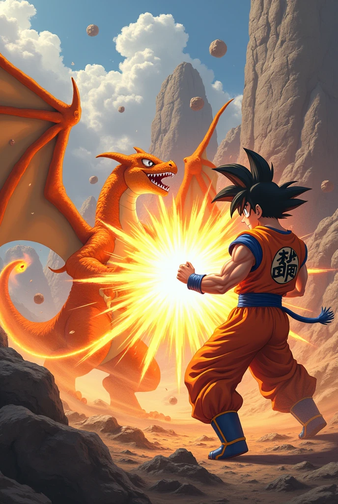 Create a charizar throwing a fireball fighting Goku and throwing a kamehameha