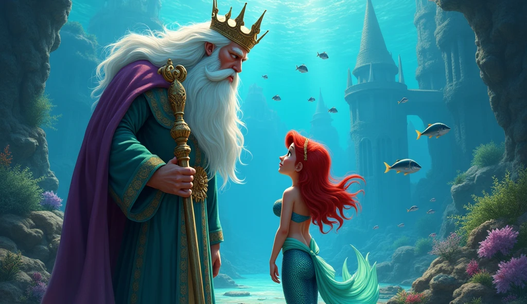 King Triton talking to his mermaid daughter Ariel