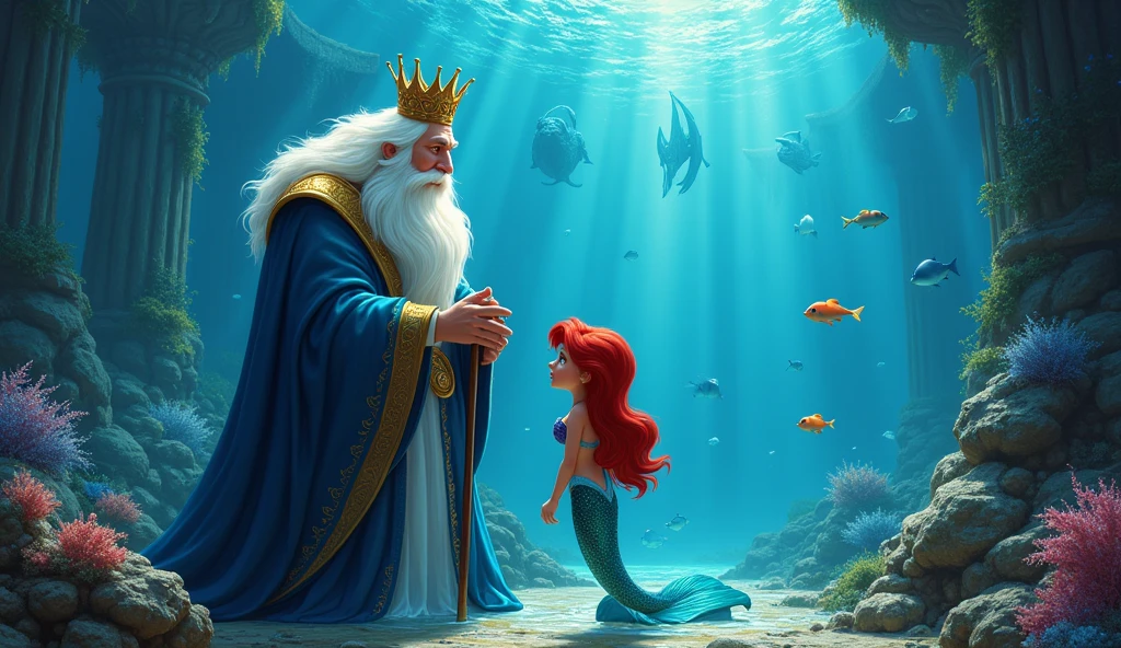 King Triton talking to his mermaid daughter Ariel