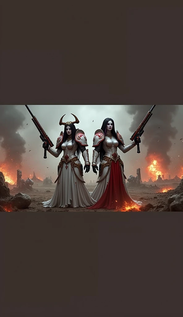 Full body pose sexy sisters of battle from the warhammer 40k, shooting at the enemy, white armor with intricate details, red armor with intricate details, religous symbols on the armor, sisters of battle, warhammer 40k, Massive silicone breast, pale skin, seductive, temptation, eat your soul, clevage, long flowing black hair with purple highlights, heavy gothic makeup, at night, neon, beautiful detailed eyes, beautiful detailed lips, extremely detailed eyes and face, long eyelashes, highly detailed armor, intricate futuristic weaponry, dramatic lighting, cinematic composition, muted color palette, gritty and realistic, mecha, science fiction, hyper-detailed, photorealistic, award winning digital art, 8k, HDR, masters work, in the middle of a battle field, full body combat action pose, explosions and fire around, full war, stunning, Stilleto heels, high heels, full body pose, cinematic, movie trailer, final stand!, nemesis, ready to strike, dust and debree, combat screams, attacking, shooting at the enemy, running forward, last line of defense, charging, fanatic, religious, templar knights, sisters of battle, warhammer 40k