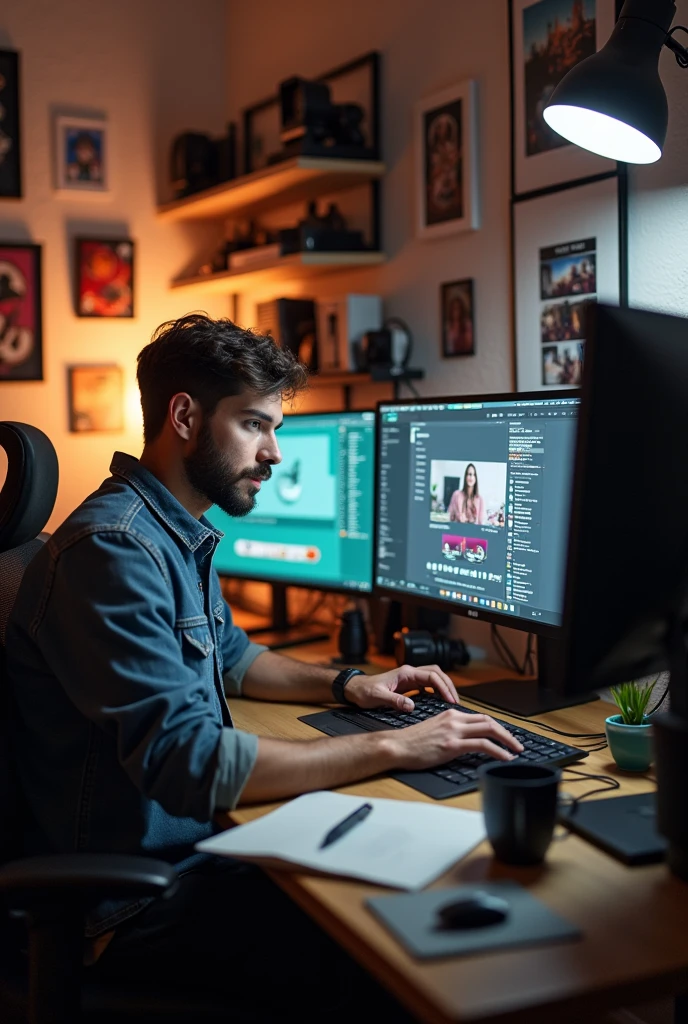 youtuber in room, working