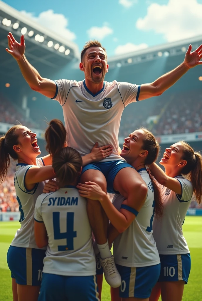 A british womans football match where the woman are carrying their male manager in celebration he is in his late 30s