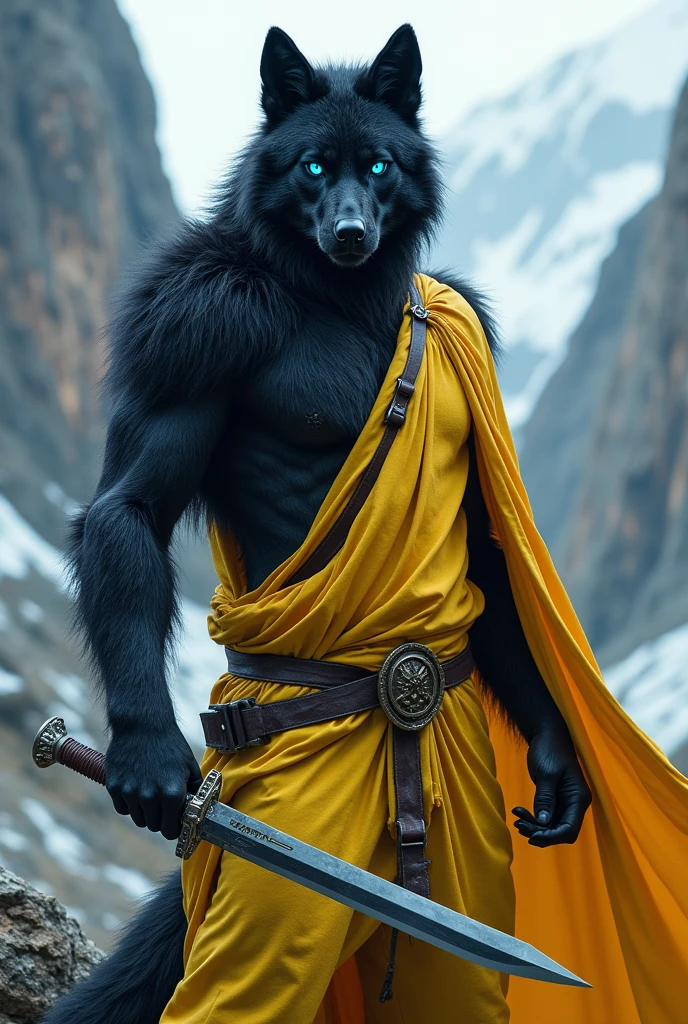 Mixture of man with wolf Using daggers one of the black liminal and one of the white blade with a yellow outfit and black fur with blue eyes in the mountains