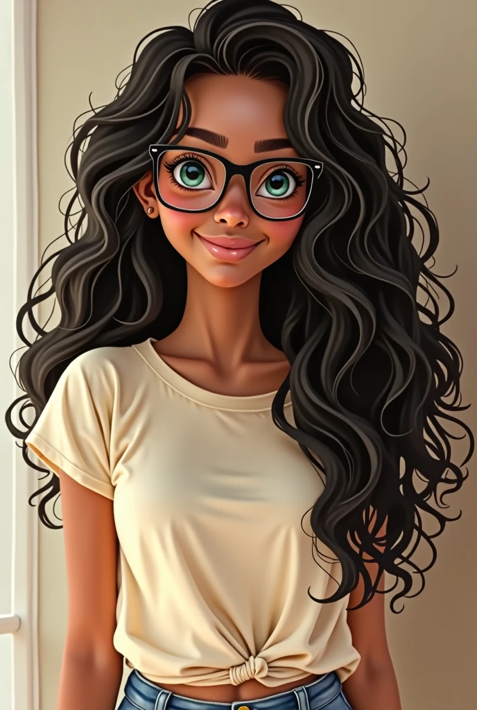 A girl with curly long black hair
A bronze skin
A cute smile
And glasses
Green eyes
And shes wearing a short and a oversized tshirt