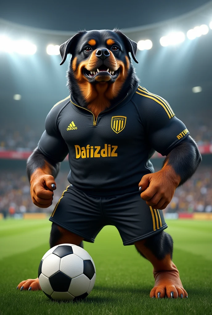 A Rottweiler as a soccer team mascot in a black and gold uniform with a ball at its feet