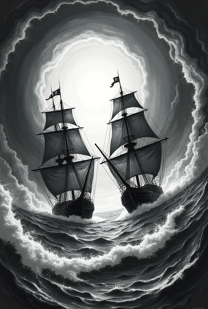 Screen print of two pirate ships facing each other inside a whirlpool in the sea in black and white