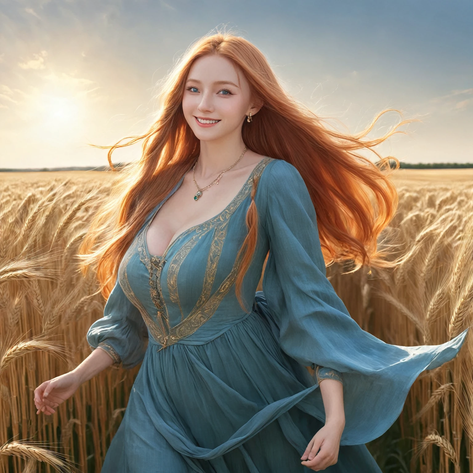 1 girl, alone, long orange hair, running, (tall wheat field), turn around, emerald eyes, long blue dress, Middle Ages, revealing medieval costume, sunset, spectacular sunset, shadow on the figure, smile, laughter, (blue sky), against the background of wheat, standing in the distance, looking at the viewer.