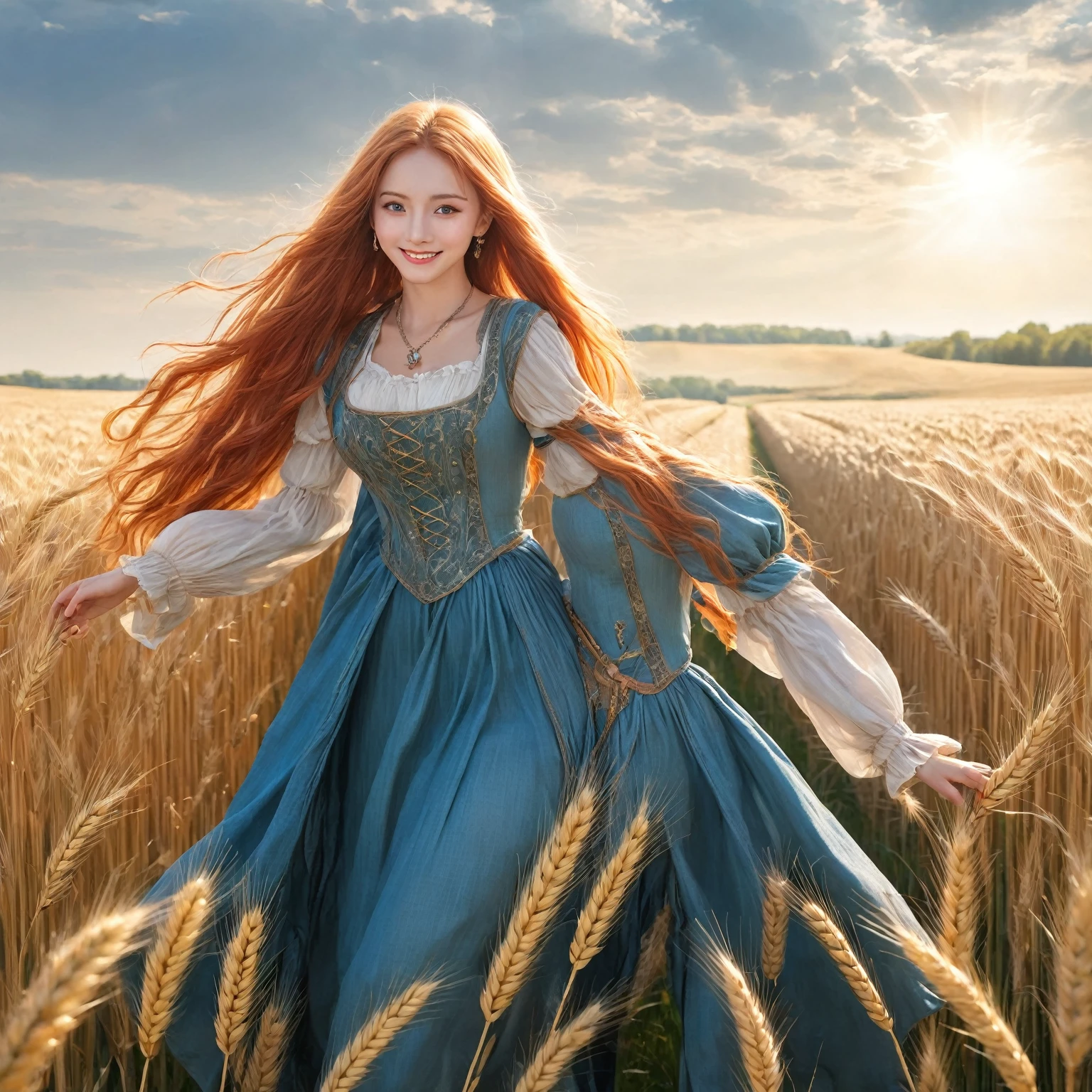 1 girl, alone, long orange hair, running, (tall wheat field), turn around, emerald eyes, long blue dress, Middle Ages, revealing medieval costume, sunset, spectacular sunset, shadow on the figure, smile, laughter, (blue sky), against the background of wheat, standing in the distance, looking at the viewer.