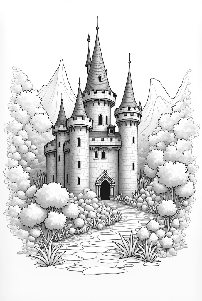 Realistic castle with forest background,the drawing is made of contours and in black and white so that we can color the image later.