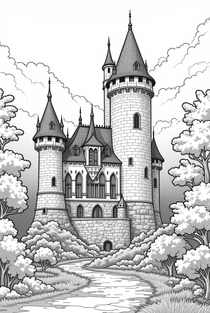 Realistic castle with forest background,the drawing is made of contours and in black and white so that we can color the image later.