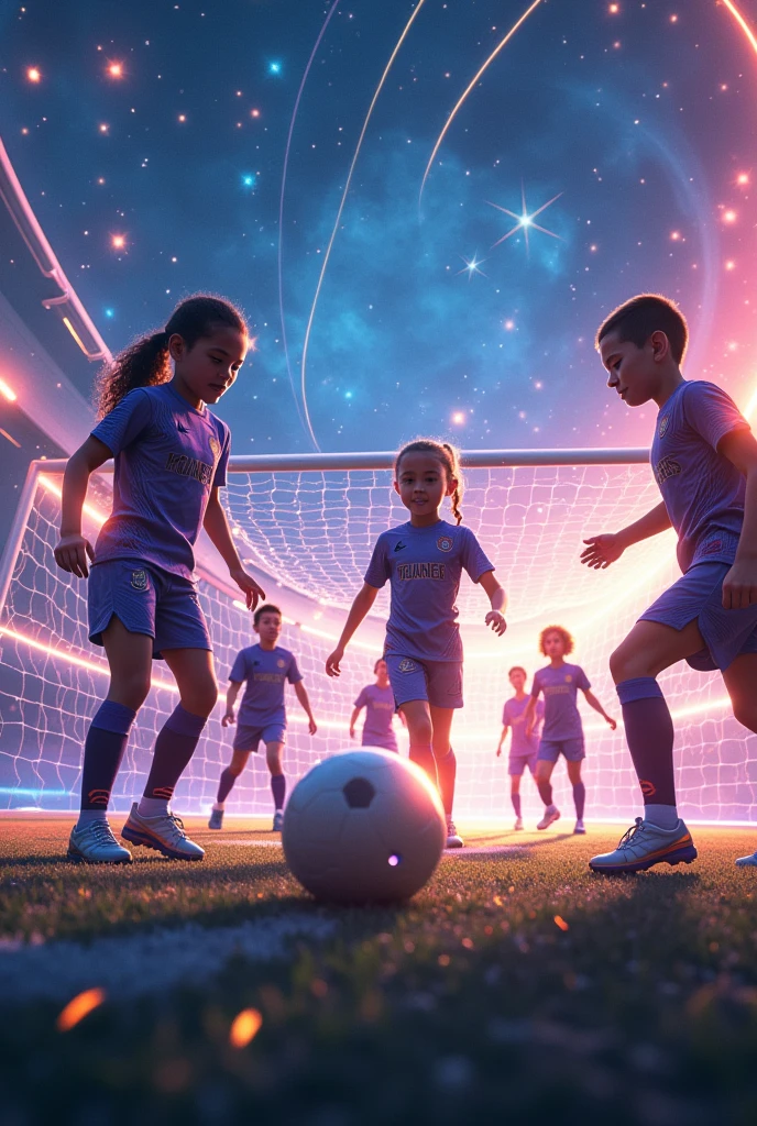 Futuristic background with kids soccer team, soccer ball, stars, rays and a goal