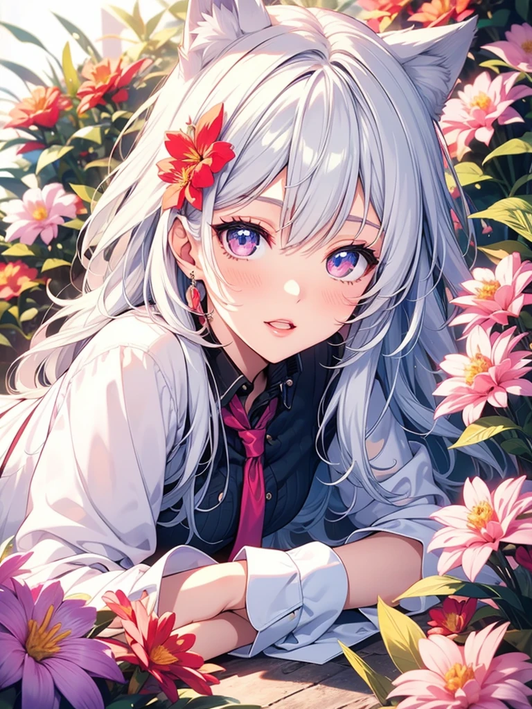 Cat ear, a woman with long silvery white hair, pale pink lips,intellectual, pink eyes, 1 girl, beautiful detailed eyes, beautiful detailed lips, extremely detailed eyes and face, long eyelashes, flower garden, lying down, shirt, skirt