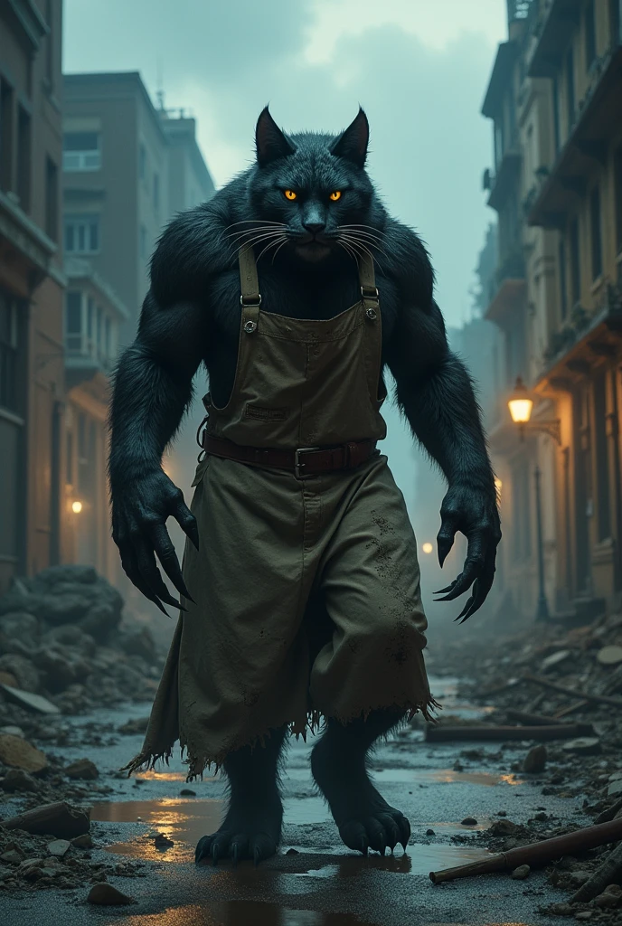 furry humanoid cat man with black fur, yellow eyes, big cat claws, Veterinarian's dress in the 1890s, thick build, high, stooped, gloomy, scratched, hurt. In the streets of an abandoned city at night. night sky, obscure, destroyed city, city attacked, hombre gato de apariencia high y stooped