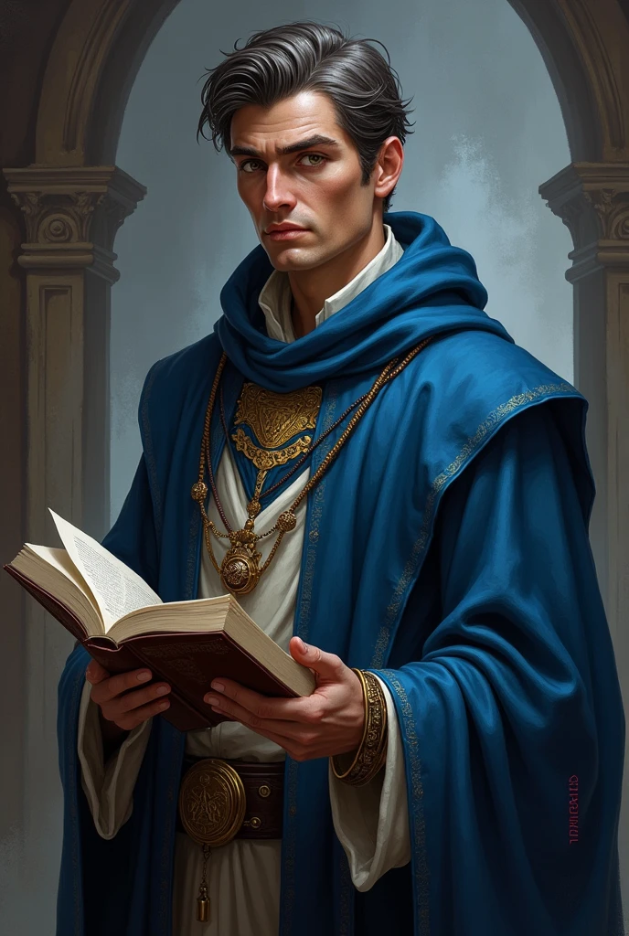 Skin Tone: Light olive, with a complexion indicating long hours spent studying indoors.
Hair: Short, well-kept dark brown hair, with hints of gray at the temples.
Eyes: Piercing hazel eyes, reflecting intelligence and curiosity.
Body: Medium build, with a slightly toned physique from balancing study with occasional training.
Clothing: Fine robes of deep blue and silver, symbolizing knowledge and wisdom. Often wears a mage’s hood when traveling.
Accessories: Amulet of Julianos, representing his devotion, and a ring enchanted to enhance magicka regeneration.