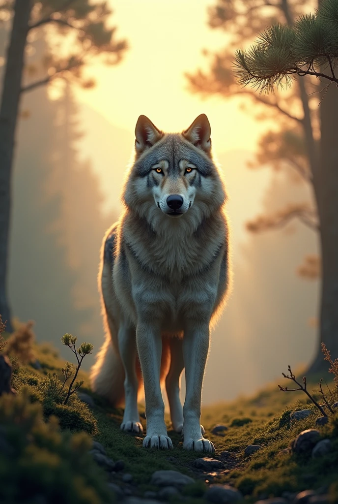 Focus on Details: Emphasize the wolf’s proud stance and the serene, majestic environment around him.
Lighting and Atmosphere: Ensure the lighting reflects the early morning or dawn setting, with a soft, golden glow.
Expression and Posture: The wolf should have a calm yet confident expression, with a posture that suggests leadership and independence.