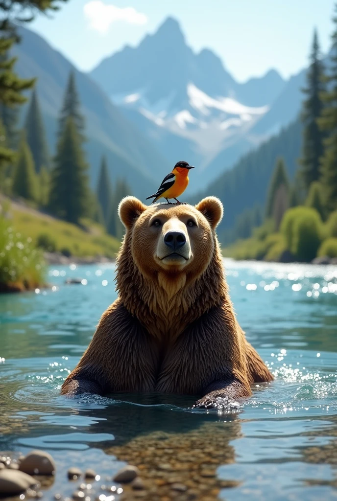 A big brown bear is sitting and bathing in a deep river in the wild summer wilderness, a beautiful and charming bird perched on his head, very beautiful and sparkling water on the surface, Crystal clear water, gravel at the bottom of the river, Beautiful alpine mountains in the distance, photo realist