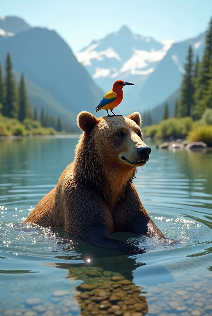 A big brown bear is sitting and bathing in a deep river in the wild summer wilderness, a beautiful and charming bird perched on his head, very beautiful and sparkling water on the surface, Crystal clear water, gravel at the bottom of the river, Beautiful alpine mountains in the distance, photo realist