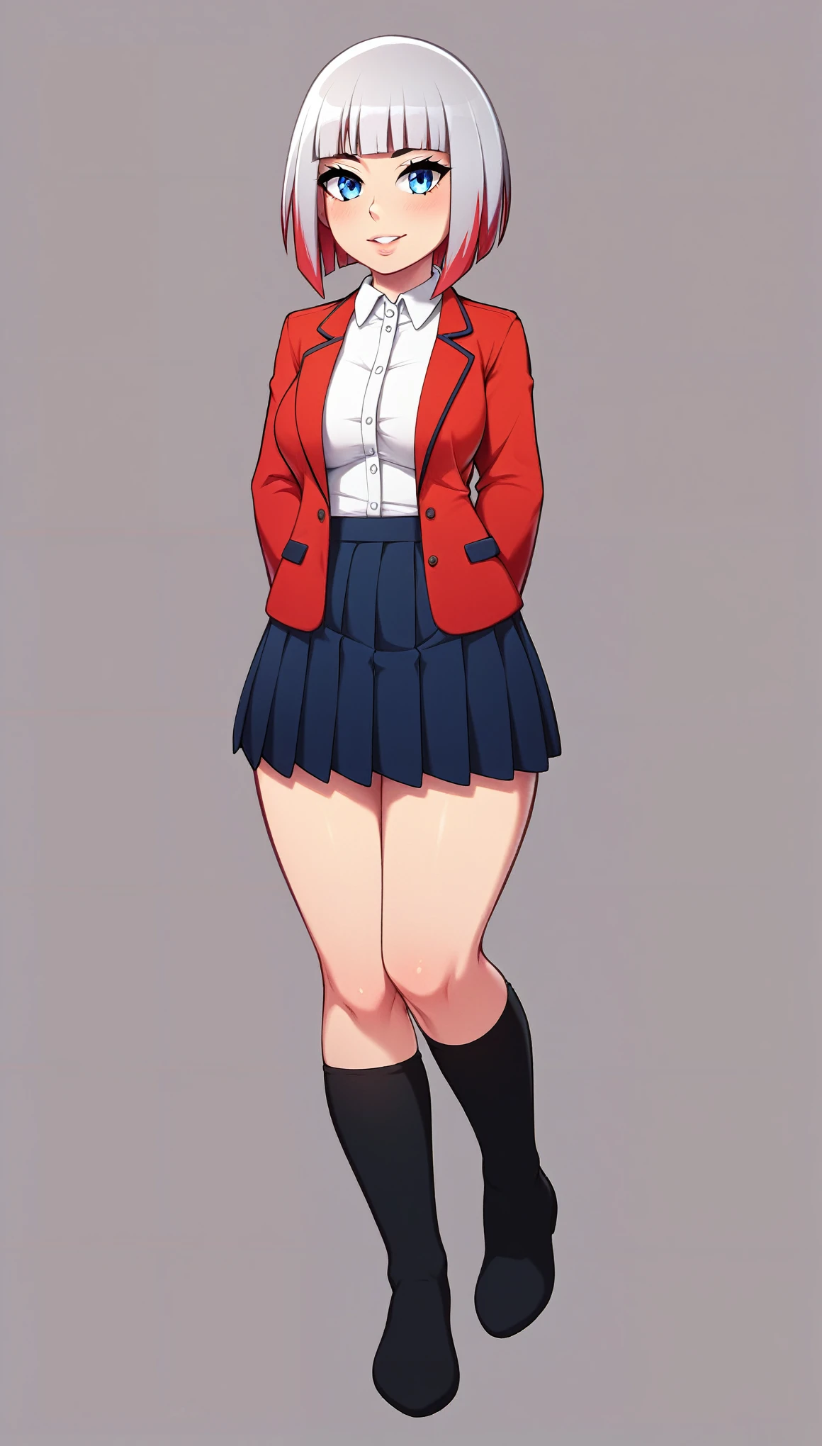 Create a realistic image of Kirari Momobami from Kakegurui as an adult, shown in a full body view. She has her long signature, silver hair and striking blue eyes. Your physique is curvy, with medium breasts, thick-thighs, and well-defined curves. She is wearing her usual Hyakkaou Private Academy uniform., which includes a red blazer with black trim, a white button-down shirt, a black pleated skirt, and black knee-high socks. The overall tone of the image should maintain the chic and commanding essence of the character while rendering her in a more realistic and detailed style. Make sure your facial features and overall appearance are recognizable as Kirari Momobami, full - length portrait, chic, details Intricate, detailed back ground, cinematic lighting, dramatic colors, photorrealistic, 8k, best qualityer, work of art, highy detailed, ultra detali, bright coloured, perfect lighting, professional photograpy