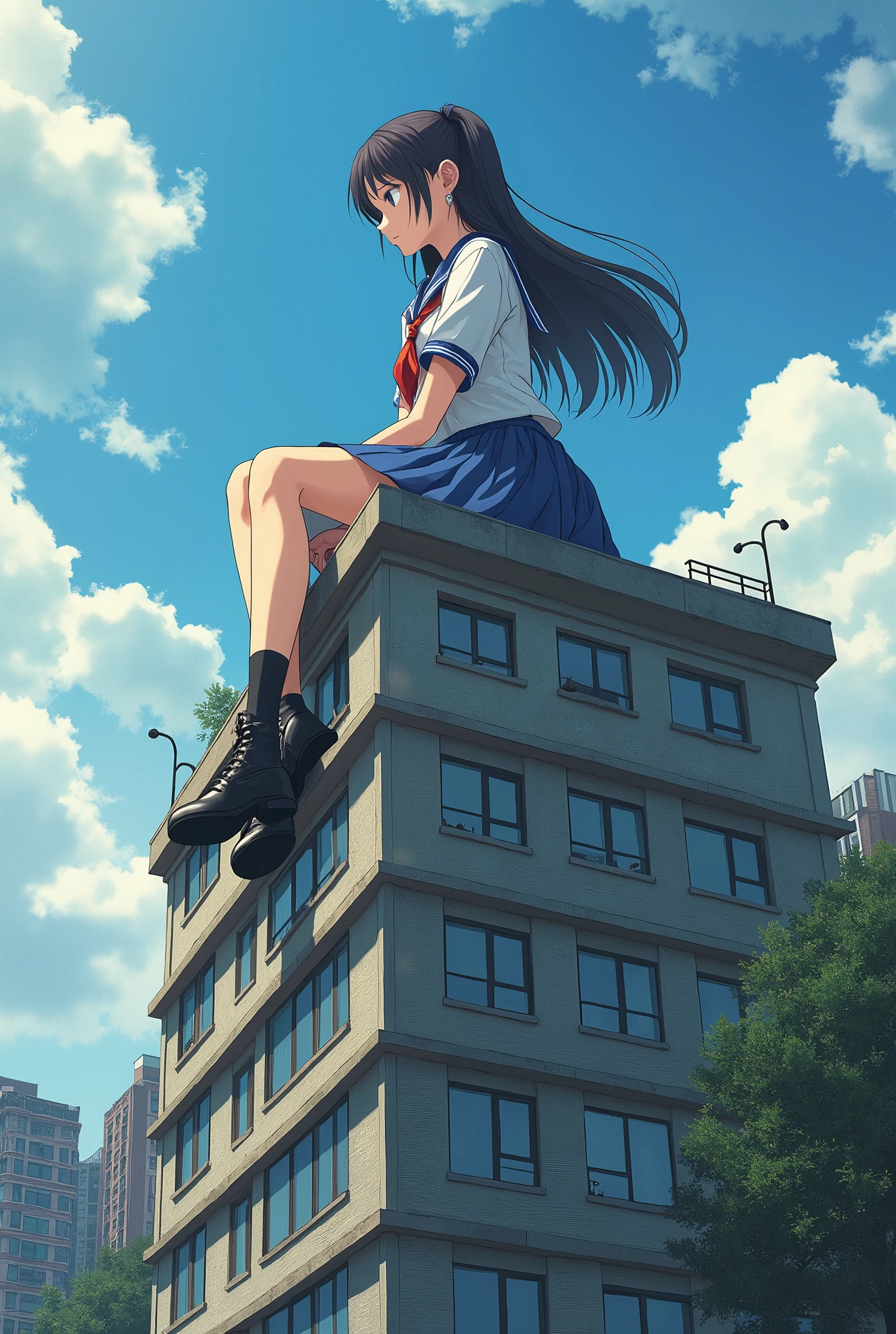 A giant high school girl sitting on a multi-tenant building、Shooting from below
