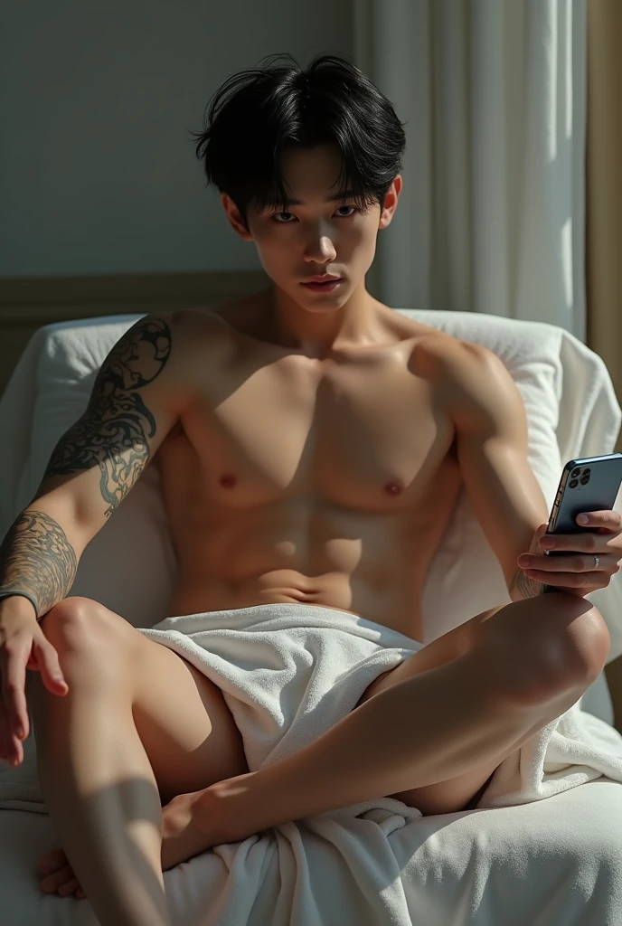 a jungkook sitting only in a towel with his right arm tattooed holding a cell phone while the other hand is between his legs